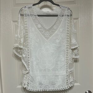 Sapphire White Lace Floral Embroidered Top Crochet Details Sheer Boho Fairy PM